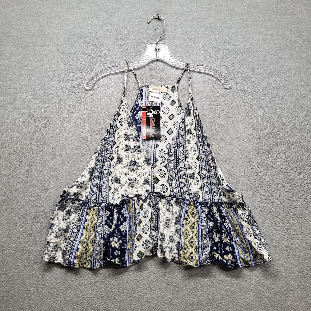 Millibon Women Blouse L Blue Geometric Boho V-Neck Pullover NWT